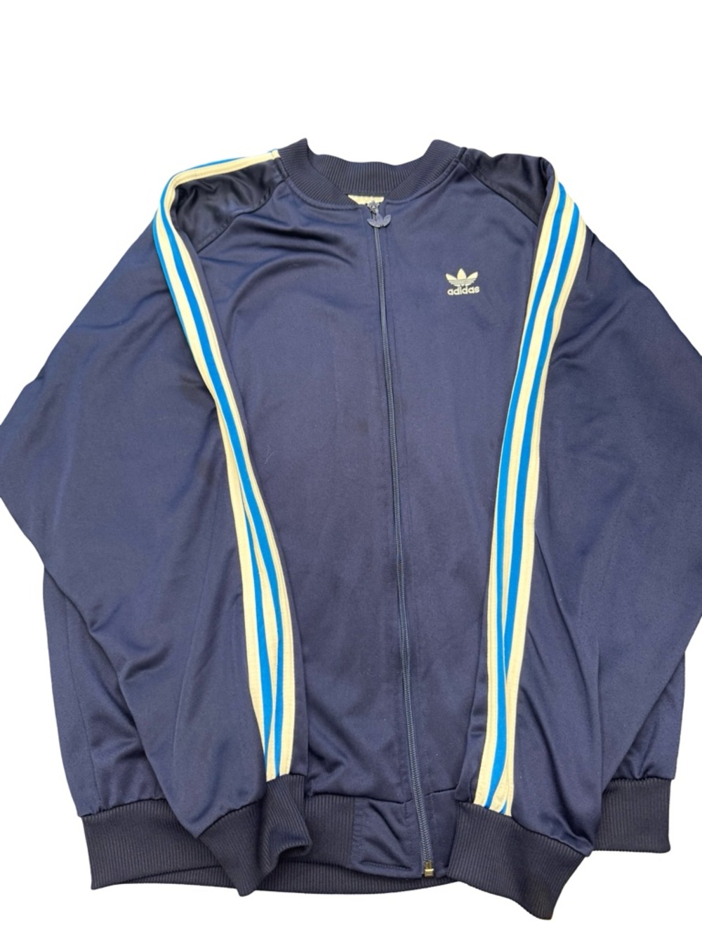 Vintage 80s adidas Trefoil Track Jacket Navy Blue White Stripes XL Retro Zip